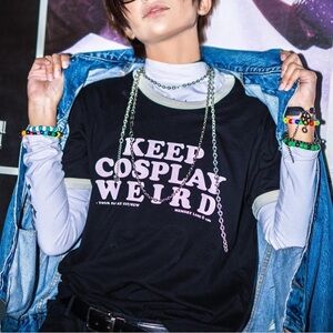Cut/Sew “Keep Cosplay Weird” Black & White Ringer T-Shirt Size M